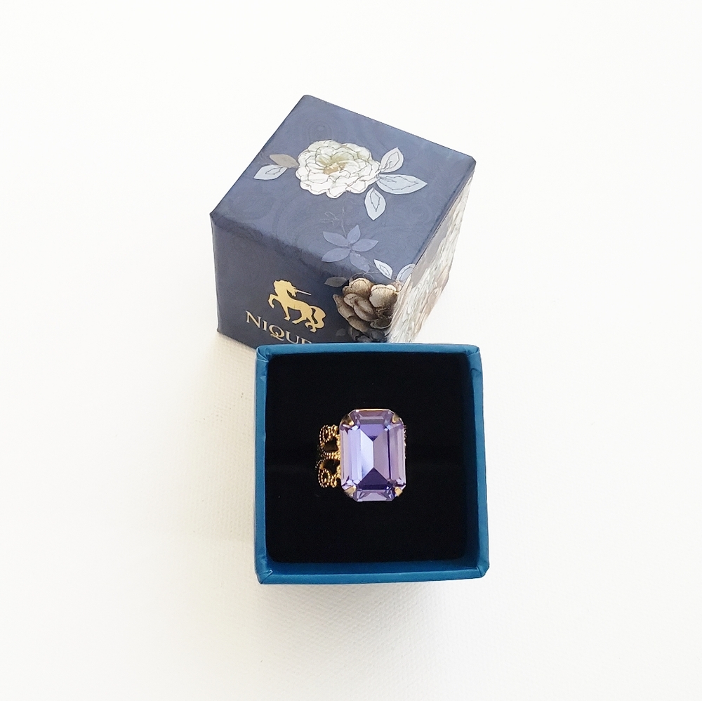 Crystal Looking Square Stone Blue Statement Ring - image 1